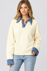 DENIM TRIM COLLARED SWEATER