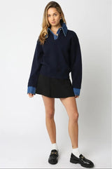 DENIM TRIM COLLARED SWEATER