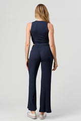 RIBBED SIDE SLITS PANTS-NAVY