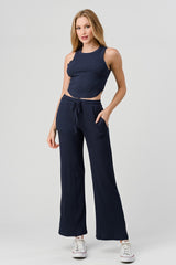 RIBBED SIDE SLITS PANTS-NAVY