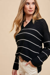 STRIPE SWEATER TOP -  BLACK