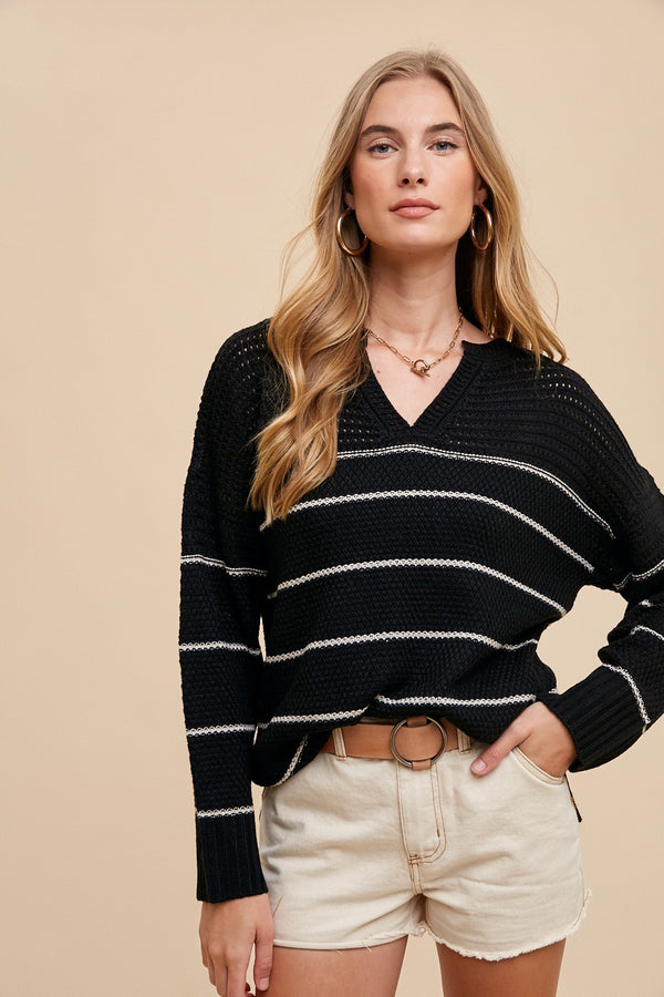 STRIPE SWEATER TOP -  BLACK