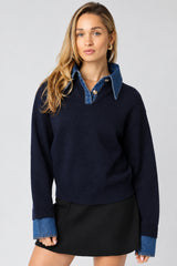 DENIM TRIM COLLARED SWEATER