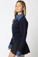 DENIM TRIM COLLARED SWEATER
