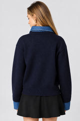 DENIM TRIM COLLARED SWEATER
