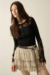 Ribbed Lace Henley Top