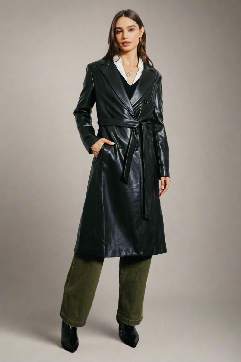 Faux Leather Belted Coat